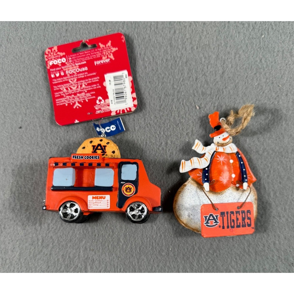 Lot 2 Auburn Tigers Football Christmas Ornaments FOCO Food Truck Snowman NCAA AU